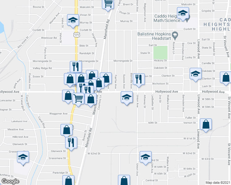 map of restaurants, bars, coffee shops, grocery stores, and more near 2105 Hollywood Avenue in Shreveport