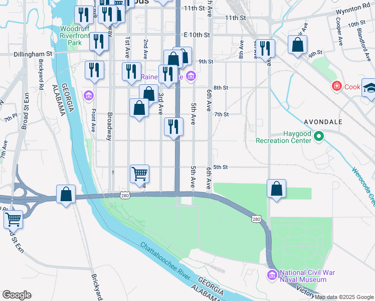 map of restaurants, bars, coffee shops, grocery stores, and more near 520 6th Street in Columbus