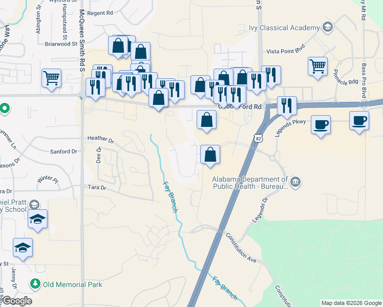 map of restaurants, bars, coffee shops, grocery stores, and more near 2100 Legends Drive in Prattville
