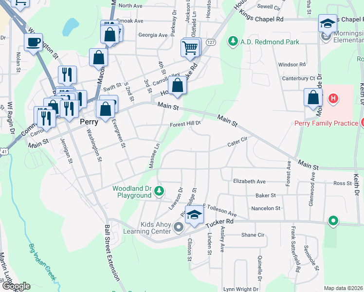 map of restaurants, bars, coffee shops, grocery stores, and more near 1213 Cater Circle in Perry
