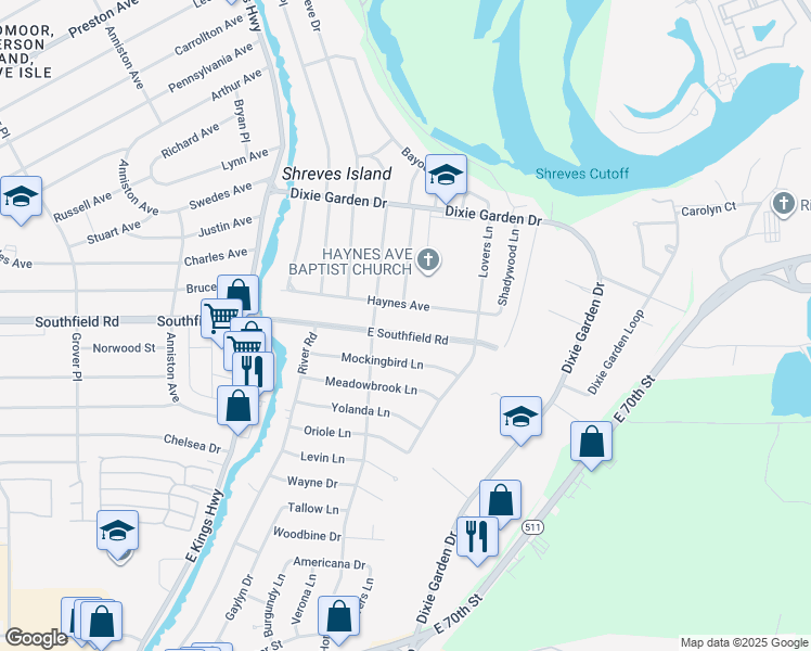 map of restaurants, bars, coffee shops, grocery stores, and more near 525 Haynes Avenue in Shreveport