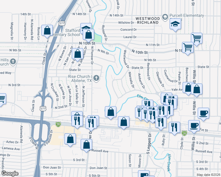 map of restaurants, bars, coffee shops, grocery stores, and more near 771 Westwood Drive in Abilene