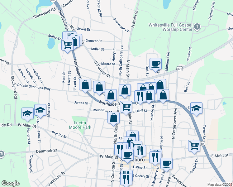 map of restaurants, bars, coffee shops, grocery stores, and more near 236 North College Street in Statesboro