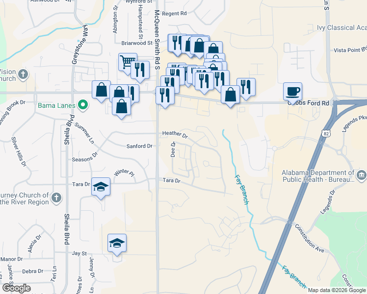 map of restaurants, bars, coffee shops, grocery stores, and more near 158 Laurel Hill Drive in Prattville