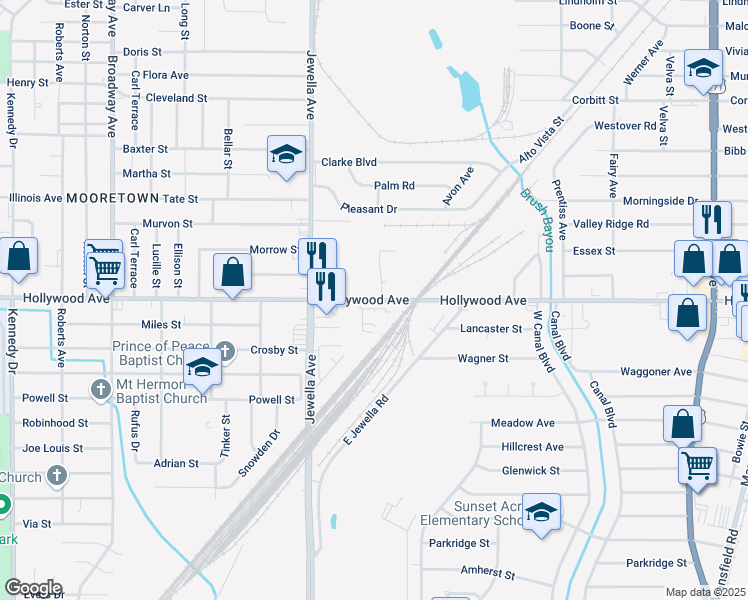 map of restaurants, bars, coffee shops, grocery stores, and more near 3516 Hollywood Avenue in Shreveport