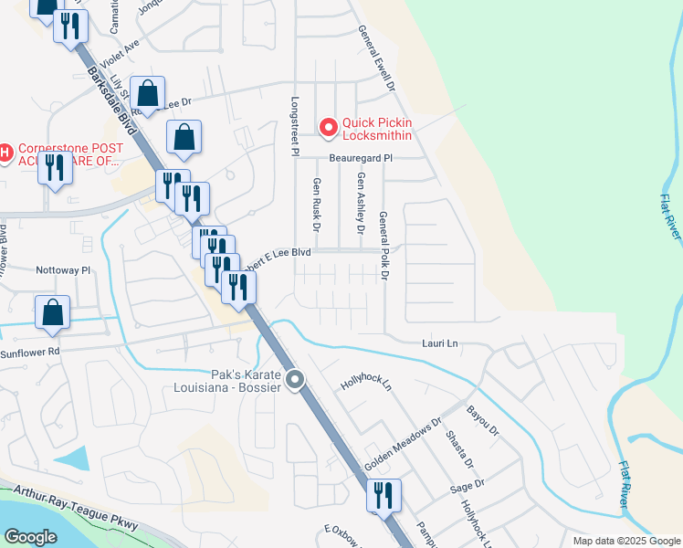 map of restaurants, bars, coffee shops, grocery stores, and more near 5005 Longstreet Place in Bossier City