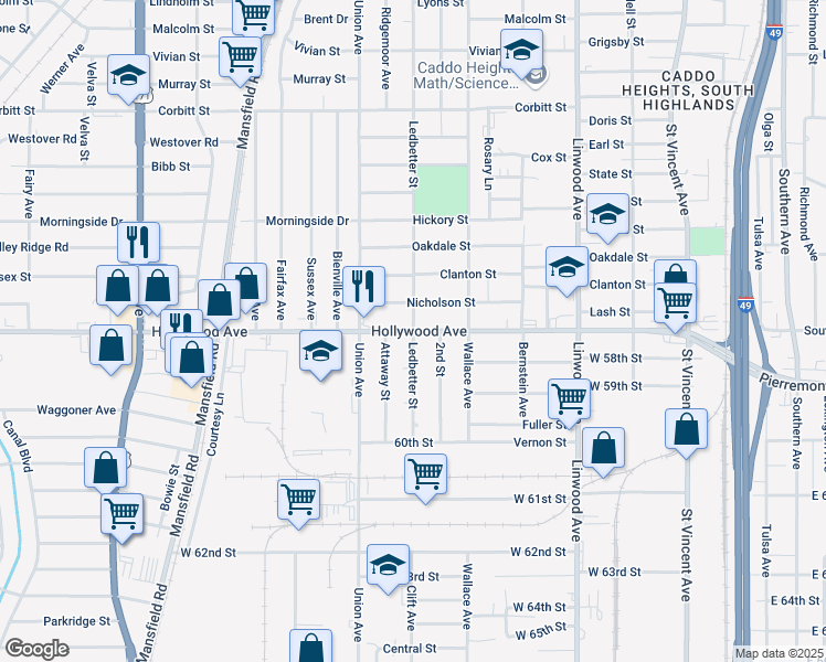 map of restaurants, bars, coffee shops, grocery stores, and more near Hollywood Ave & Ledbetter St in Shreveport