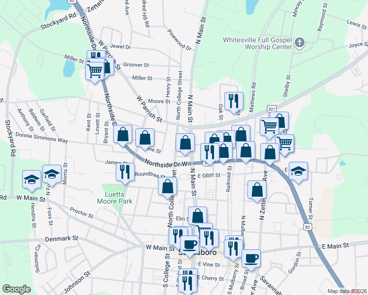 map of restaurants, bars, coffee shops, grocery stores, and more near 233 South Main Street in Statesboro