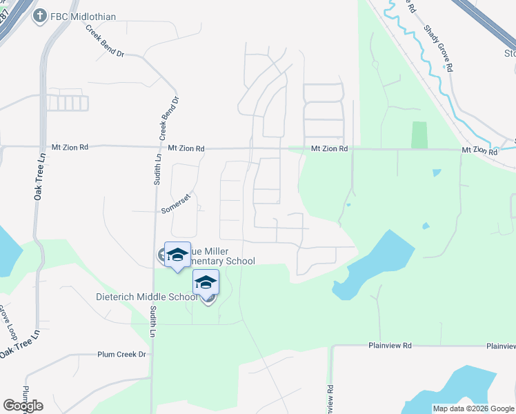 map of restaurants, bars, coffee shops, grocery stores, and more near 2401 Mount Zion Road in Midlothian