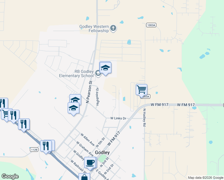 map of restaurants, bars, coffee shops, grocery stores, and more near 604 North Pearson Street in Godley