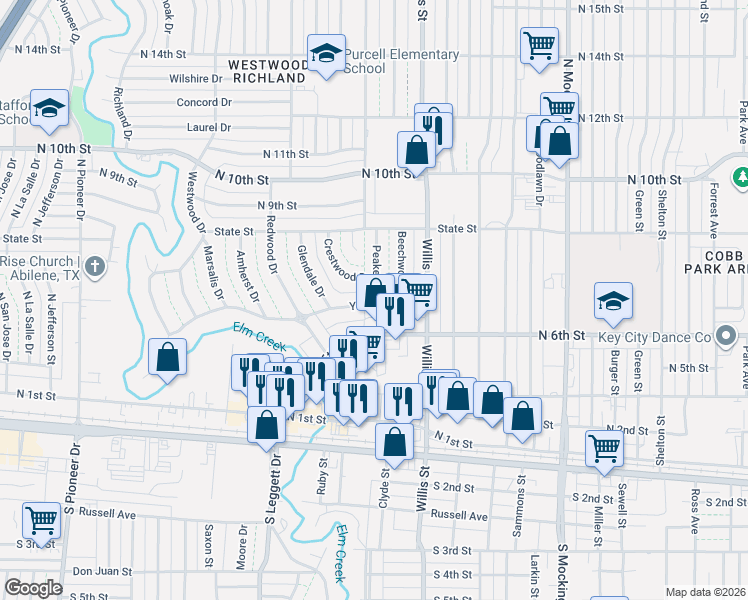 map of restaurants, bars, coffee shops, grocery stores, and more near 702 Peake Street in Abilene