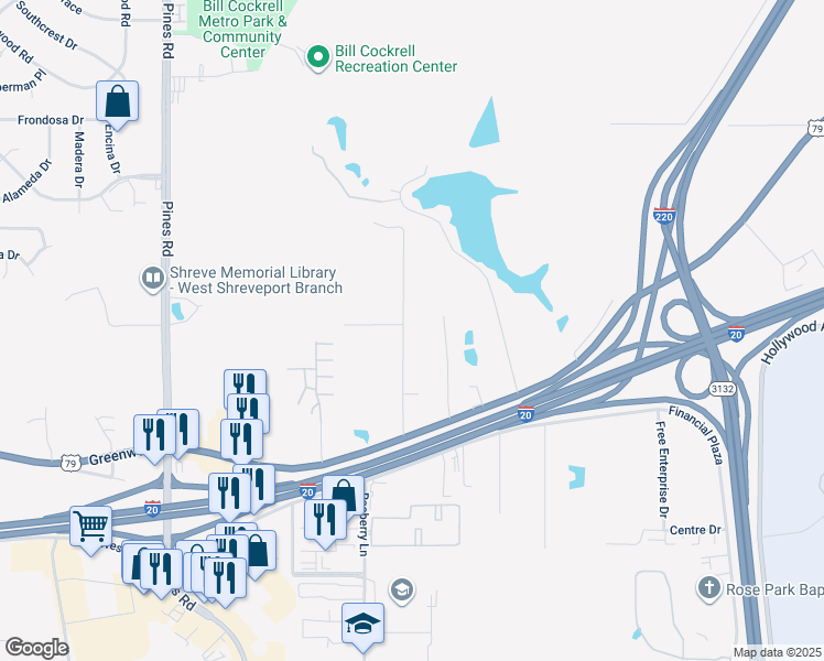 map of restaurants, bars, coffee shops, grocery stores, and more near 4325 Greenwood Boulevard in Shreveport