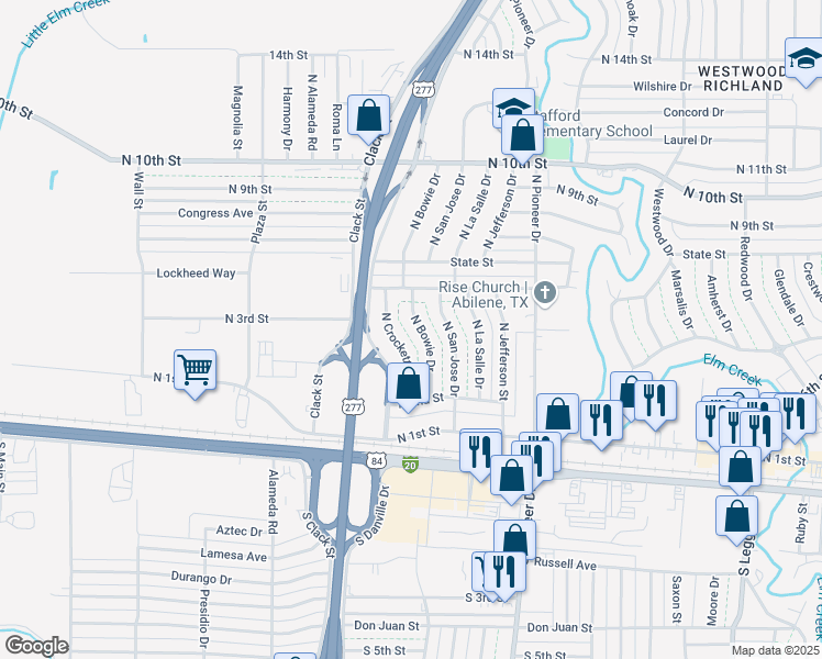 map of restaurants, bars, coffee shops, grocery stores, and more near 518 North Bowie Drive in Abilene
