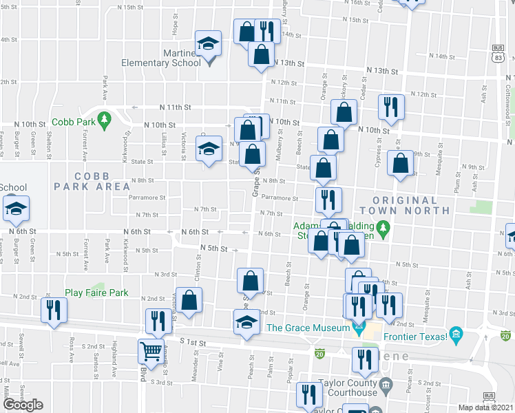 map of restaurants, bars, coffee shops, grocery stores, and more near 715 Grove Street in Abilene