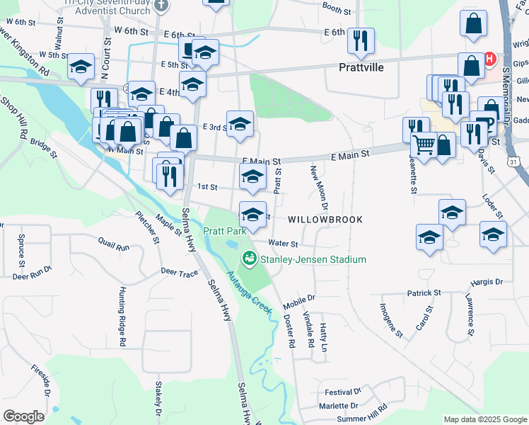 map of restaurants, bars, coffee shops, grocery stores, and more near 361 Doster Street in Prattville