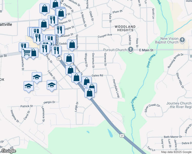 map of restaurants, bars, coffee shops, grocery stores, and more near 1122 Oates Road in Prattville