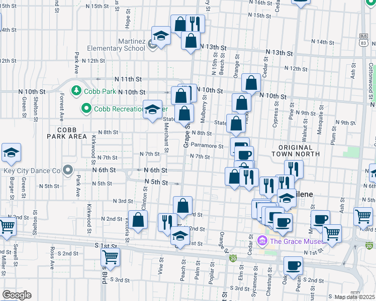 map of restaurants, bars, coffee shops, grocery stores, and more near 715 Grove Street in Abilene