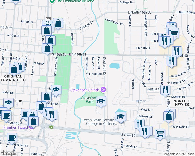 map of restaurants, bars, coffee shops, grocery stores, and more near 774 Carver Street in Abilene