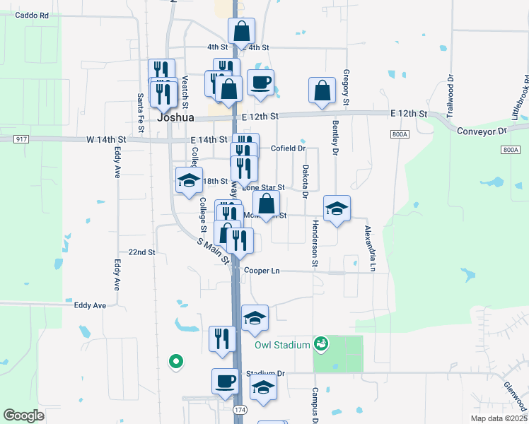 map of restaurants, bars, coffee shops, grocery stores, and more near 405 McMillain Street in Joshua