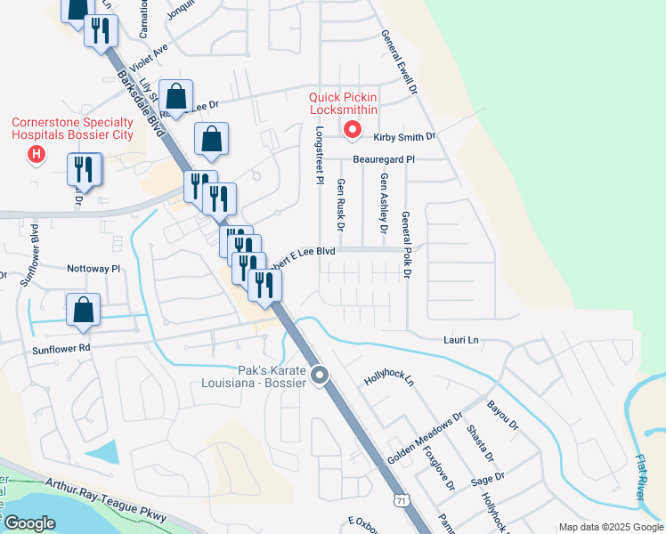 map of restaurants, bars, coffee shops, grocery stores, and more near 5005 Longstreet Place in Bossier City