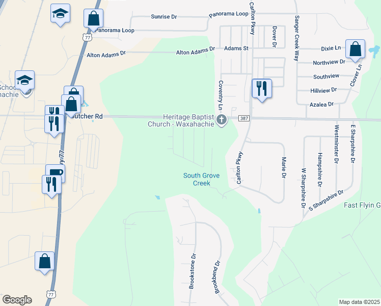 map of restaurants, bars, coffee shops, grocery stores, and more near 126 Jennings Drive in Waxahachie