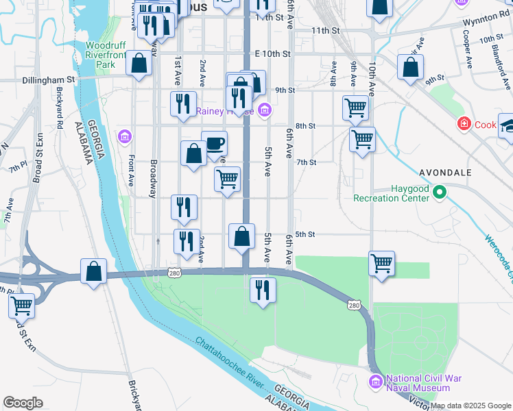 map of restaurants, bars, coffee shops, grocery stores, and more near 520 6th Street in Columbus