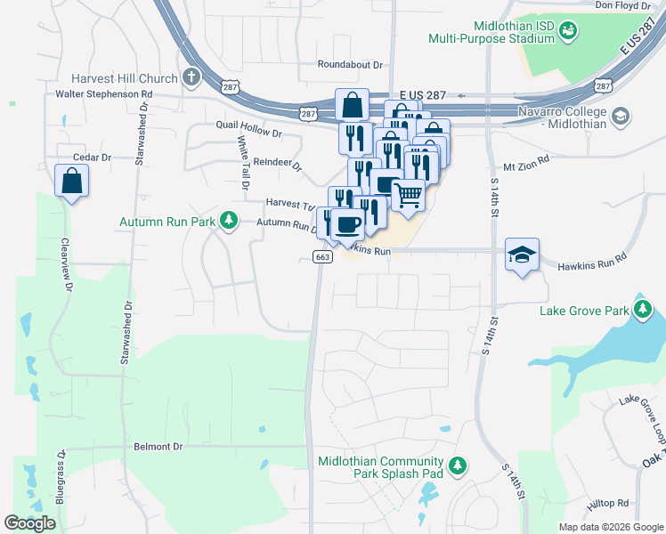 map of restaurants, bars, coffee shops, grocery stores, and more near 2430 Farm to Market Road 663 in Midlothian