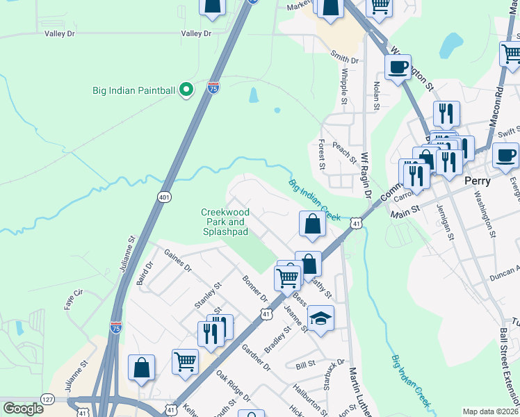 map of restaurants, bars, coffee shops, grocery stores, and more near 1012 King Boulevard in Perry