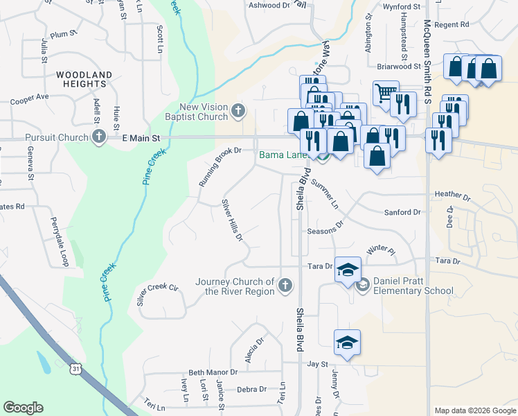 map of restaurants, bars, coffee shops, grocery stores, and more near 712 Old Creek Road in Prattville