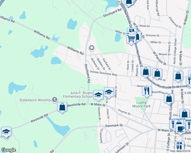 map of restaurants, bars, coffee shops, grocery stores, and more near 400 Donnie Simmons Way in Statesboro