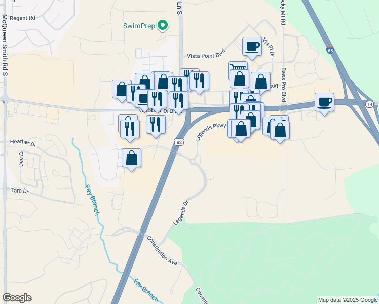map of restaurants, bars, coffee shops, grocery stores, and more near 2611 Legends Drive in Prattville