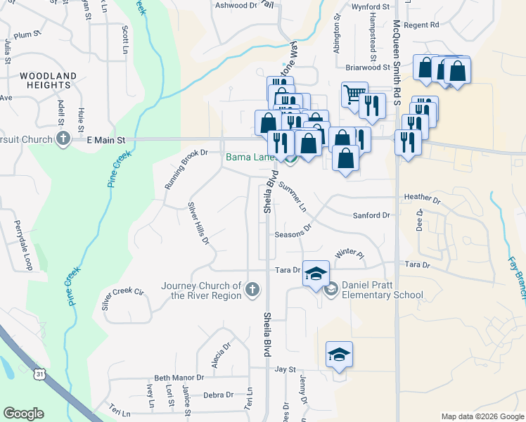 map of restaurants, bars, coffee shops, grocery stores, and more near 711 Sweet Ridge Road in Prattville