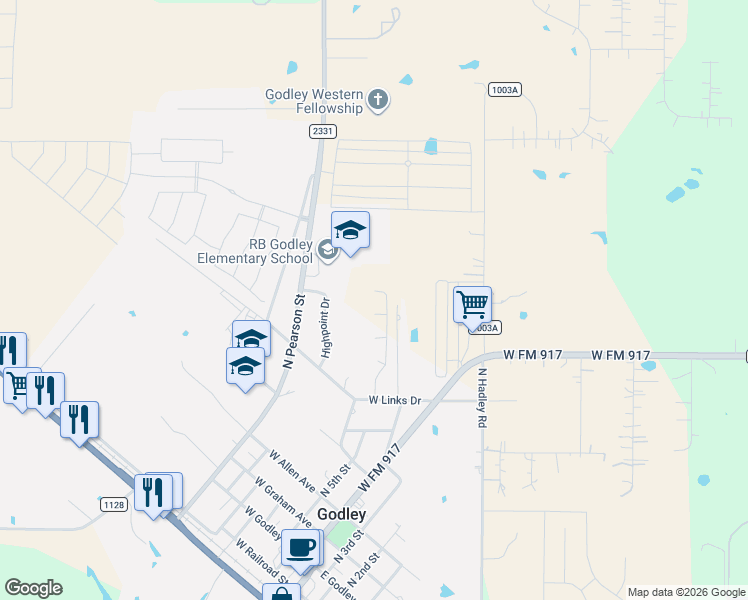 map of restaurants, bars, coffee shops, grocery stores, and more near 604 North Pearson Street in Godley