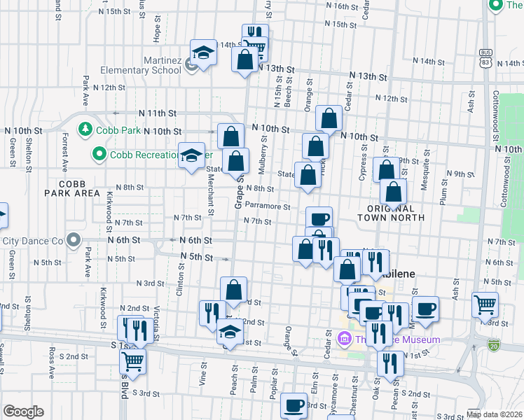 map of restaurants, bars, coffee shops, grocery stores, and more near 1547 Parramore Street in Abilene