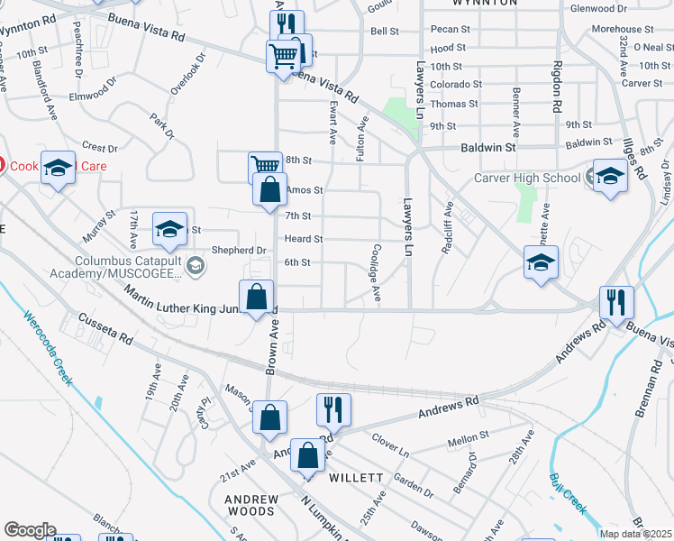 map of restaurants, bars, coffee shops, grocery stores, and more near 2302 6th Street in Columbus