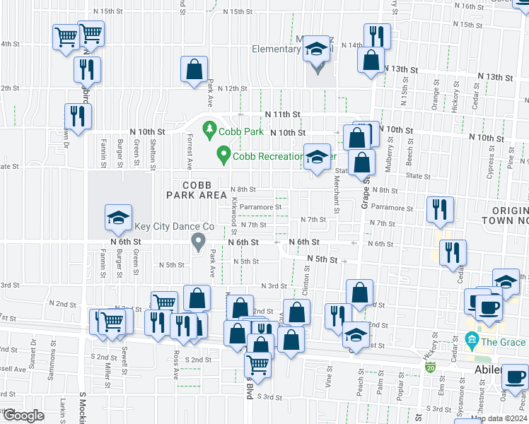 map of restaurants, bars, coffee shops, grocery stores, and more near 2105 Parramore Street in Abilene