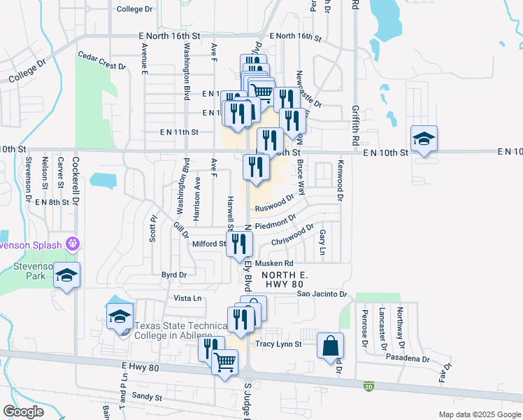 map of restaurants, bars, coffee shops, grocery stores, and more near 1017 Ruswood Drive in Abilene