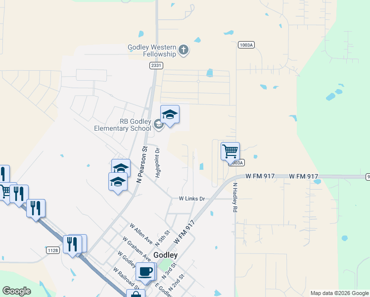map of restaurants, bars, coffee shops, grocery stores, and more near 604 North Pearson Street in Godley