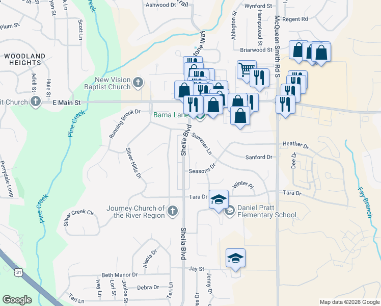 map of restaurants, bars, coffee shops, grocery stores, and more near 1802 Sheila Court in Prattville