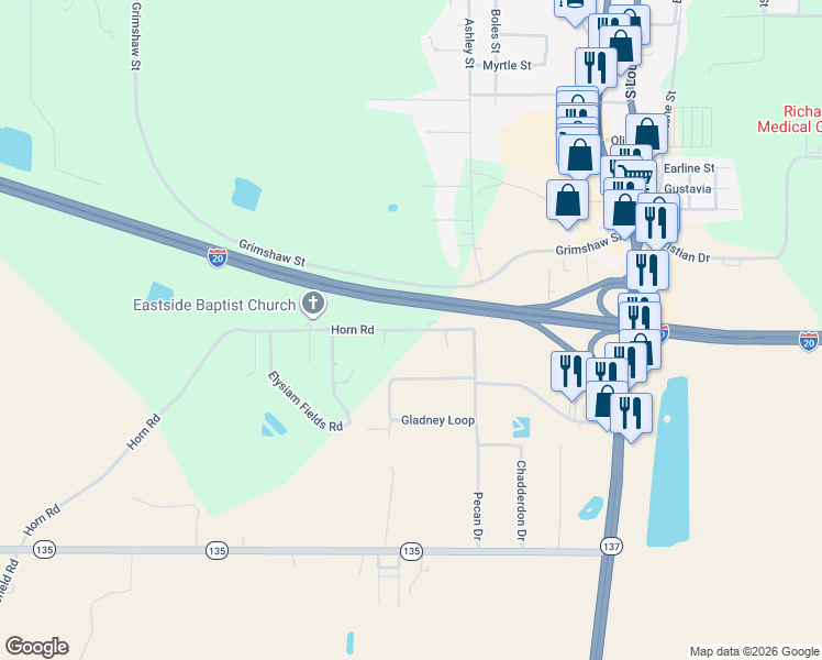 map of restaurants, bars, coffee shops, grocery stores, and more near 46 Horn Road in Rayville