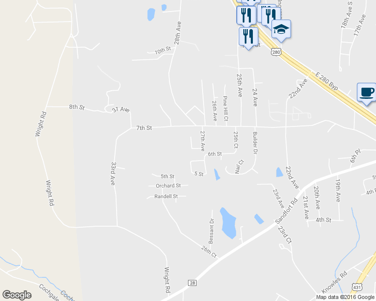 map of restaurants, bars, coffee shops, grocery stores, and more near 603 28th Avenue in Phenix City