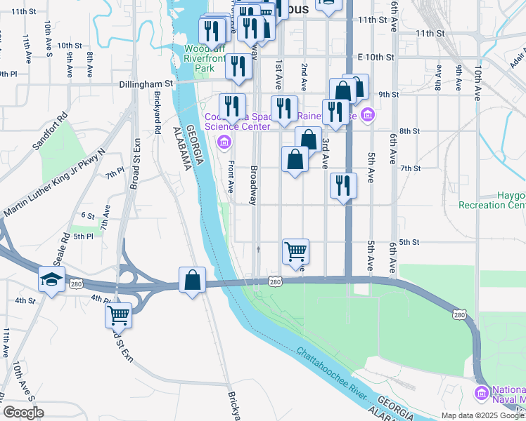map of restaurants, bars, coffee shops, grocery stores, and more near 4 6th Street in Columbus