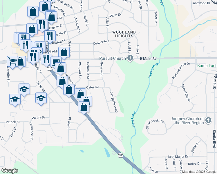 map of restaurants, bars, coffee shops, grocery stores, and more near 1299 Oates Road in Prattville