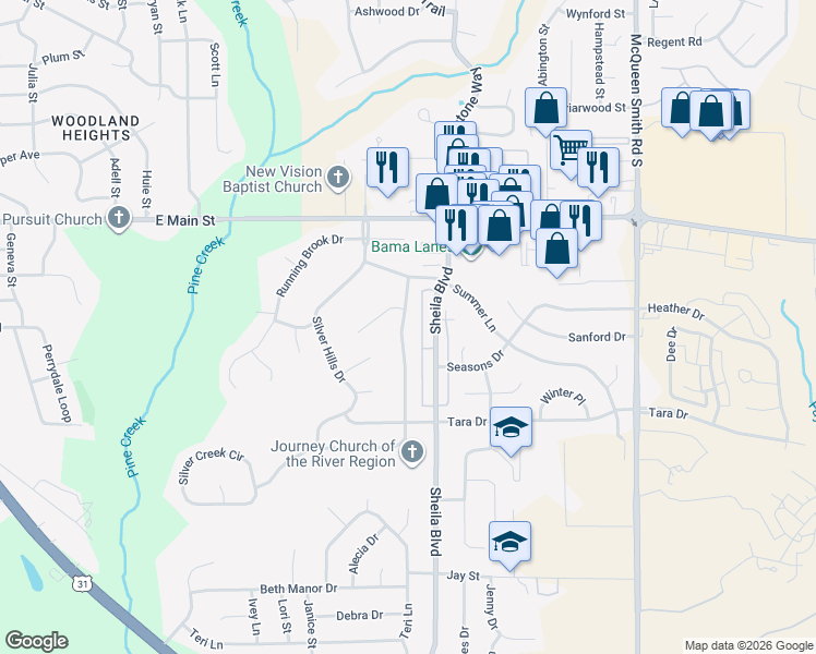 map of restaurants, bars, coffee shops, grocery stores, and more near 713 Sweet Ridge Road in Prattville