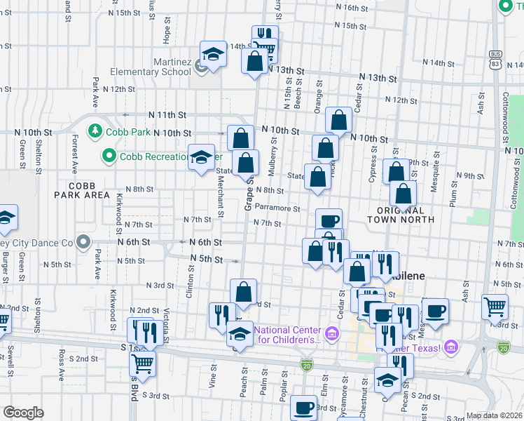 map of restaurants, bars, coffee shops, grocery stores, and more near 1547 Parramore Street in Abilene