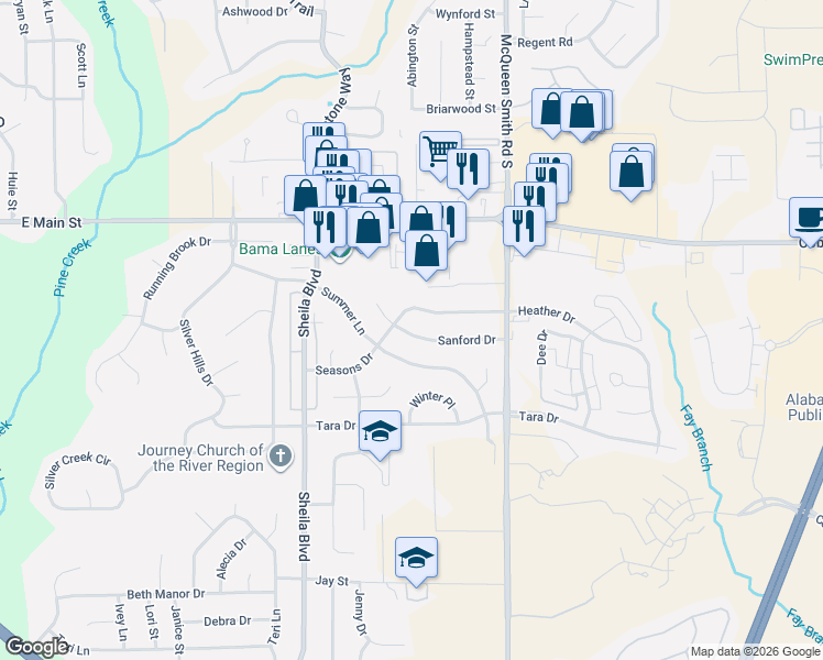 map of restaurants, bars, coffee shops, grocery stores, and more near 1832 Sanford Drive in Prattville