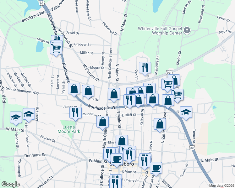 map of restaurants, bars, coffee shops, grocery stores, and more near 237 North Main Street in Statesboro