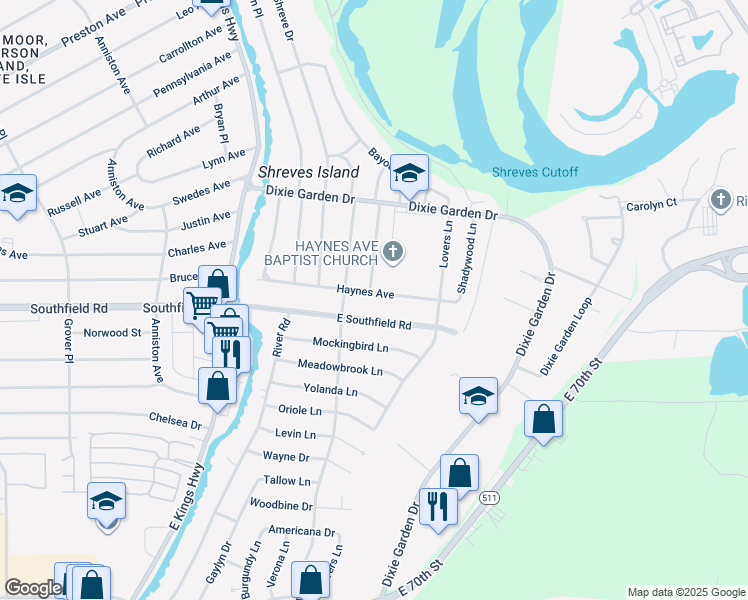 map of restaurants, bars, coffee shops, grocery stores, and more near 525 Haynes Avenue in Shreveport