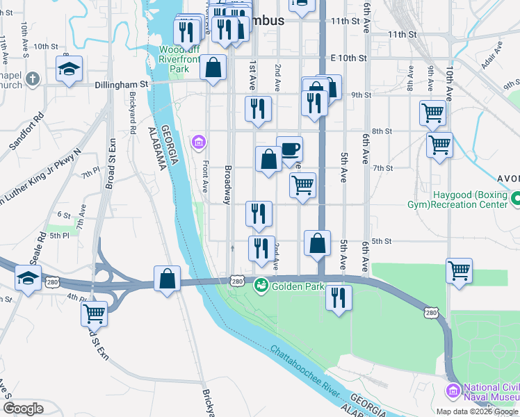 map of restaurants, bars, coffee shops, grocery stores, and more near 102 6th Street in Columbus