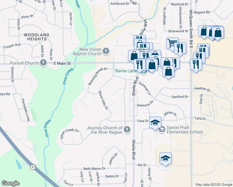 map of restaurants, bars, coffee shops, grocery stores, and more near 712 Old Creek Road in Prattville